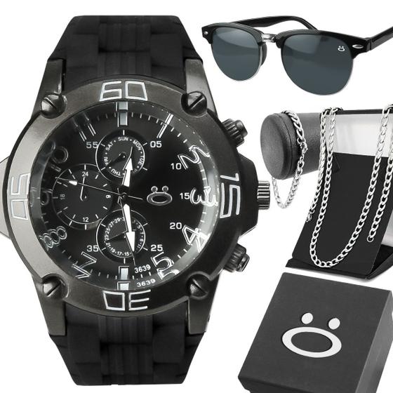 Imagem de Kit Relógio Masculino + Óculos Uv +  Corrente + Pulseira R45