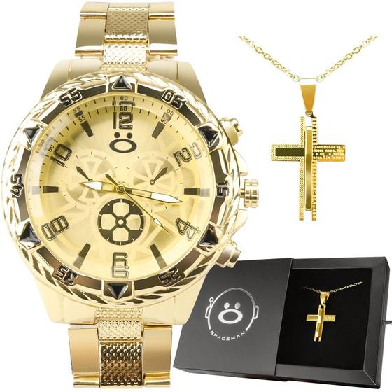 Imagem de Kit Relógio Masculino Quartzo Casual Dourado Ouro 18K + Corrente e Cordão