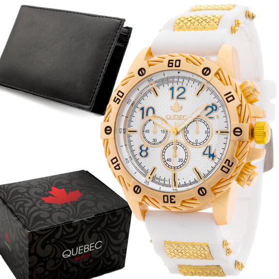 Imagem de Kit Relógio Masculino QUEBEC Analógico QB004 - Dourado e Branco + Carteira