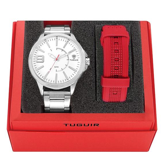 Imagem de Kit Relógio Masculino Tuguir Analógico TG100 Prata  Resistente à Água 5 ATM, Pulseira de Aço e Garantia de 12 Meses