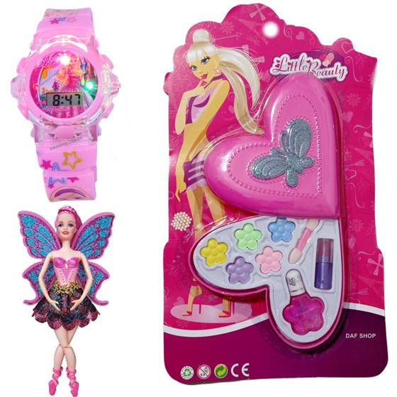 Imagem de Kit relógio menina Barbie som luzes Boneca Maquiagem 3d