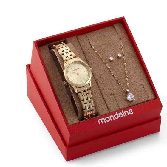 Imagem de Kit Relógio Mondaine Clássico Dourado Feminino 32720LPMKDE1K