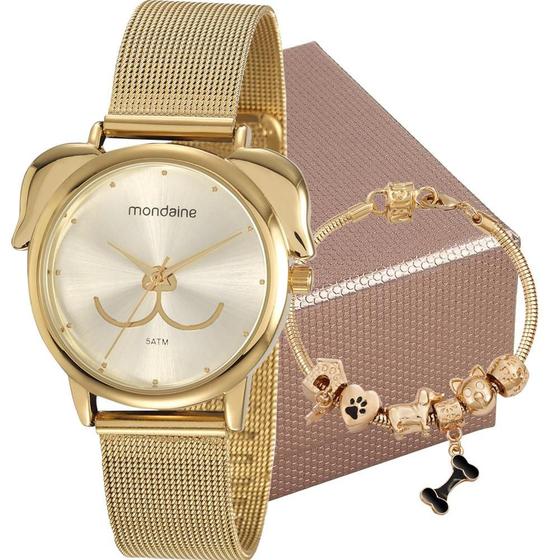 Imagem de Kit Relógio Mondaine Feminino Dourado 53783LPMVDE1K1 Analógico 5 Atm Cristal Mineral