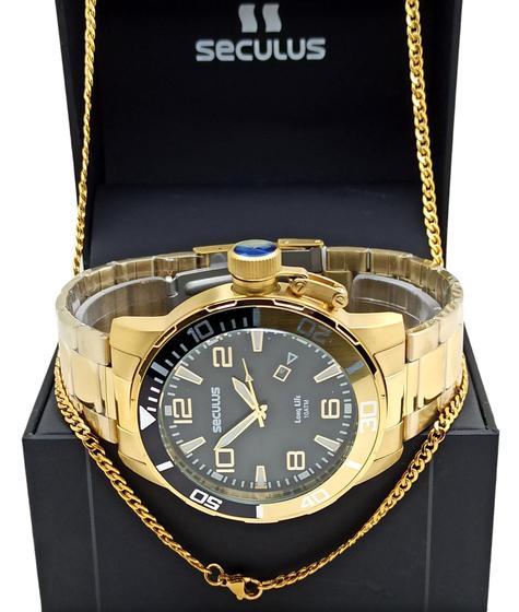 Imagem de Kit Relógio Seculus Masculino Dourado + Corrente 70cm Luxo