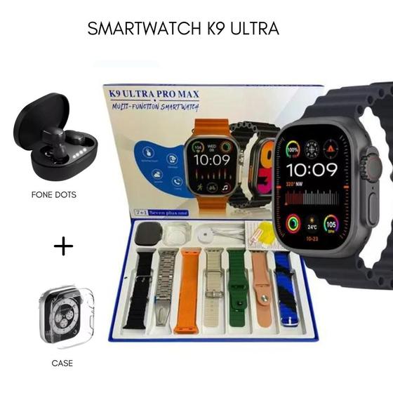 Imagem de Kit Relogio Smart Watch 2024 K9 PR0 Max 49mm Series 9 C/ 7 Pulseiras Fone Dots 