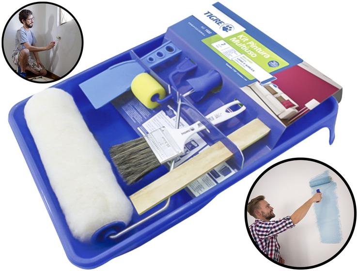 Imagem de Kit Reparo Manutenção 7 Peças Parede Teto Tintas Multiuso Profissional Suporte Bandeja Rolo Pincel