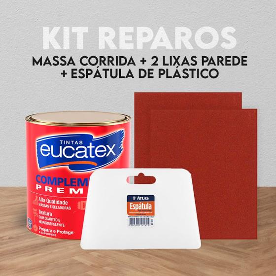 Imagem de Kit reparo Massa corrida PVA  Eucatex 900ml/1,4kg + espatula 13cm + 2 lixas de parede