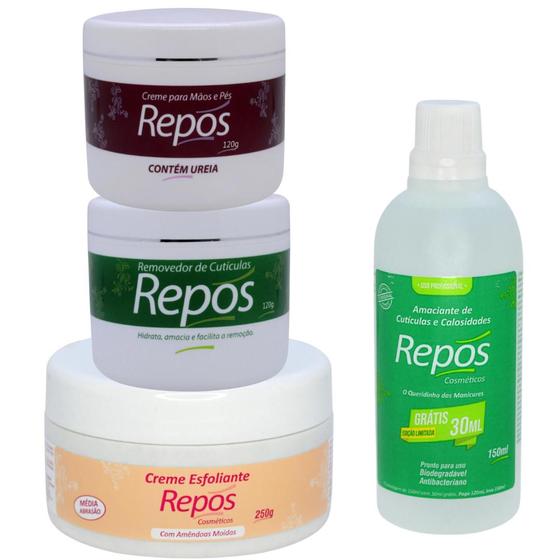 Imagem de Kit Repos Amaciante 120ml + Removedor 120ml + Creme de Uréia 120ml + Esfoliante 250ml