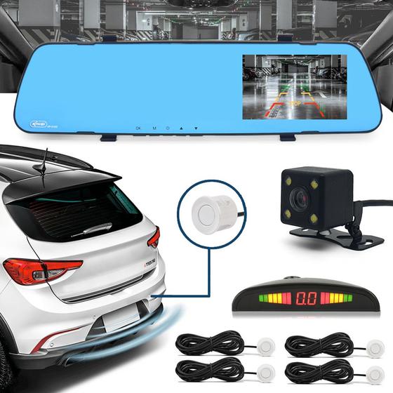 Imagem de Kit Retrovisor C/ Tela + Câmera Ré E Frontal + Sensor Ré Branco Agile 2012 2013 2014 2015 2016 Estacionamento