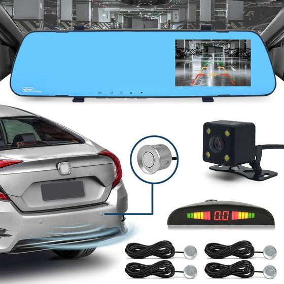 Imagem de Kit Retrovisor C/ Tela + Câmera Ré E Frontal + Sensor Ré Prata Chery Tiggo 2013 2014 2015 2016 Estacionamento