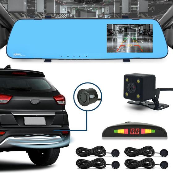 Imagem de Kit Retrovisor C/ Tela + Câmera Ré E Frontal + Sensor Ré Preto Fosco Emborrachado Peugeot 208 Estacionamento