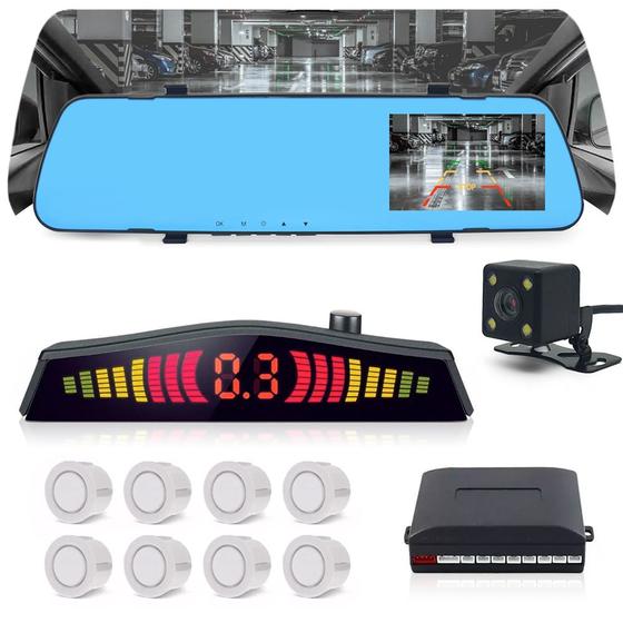 Imagem de Kit Retrovisor C/ Tela + Câmera Ré + Sensor 8 Pontos Branco S10 2001 2002 2003 2004 2005 Aviso Sonoro
