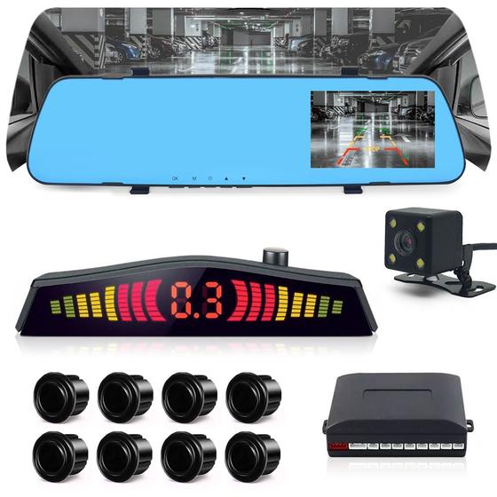 Imagem de Kit Retrovisor C/ Tela + Câmera Ré + Sensor 8 Pontos Preto Celta 2011 2012 2013 2014 Aviso Sonoro