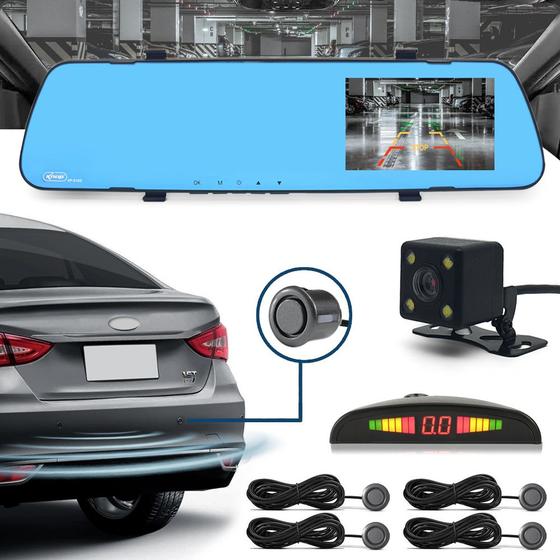 Imagem de Kit Retrovisor C/ Tela + Câmera + Sensor Ré Cinza Grafite Chumbo Prisma 2017 2018 2019 2020