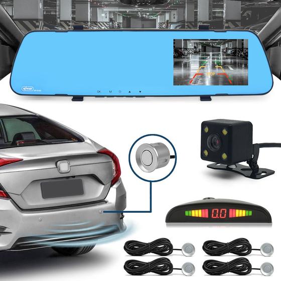 Imagem de Kit Retrovisor C/ Tela + Câmera + Sensor Ré Prata Cromado Cromo Fiat Grand Siena