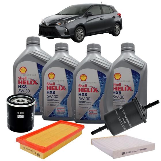 Imagem de Kit Revisão 4 Litros de Óleo Shell Helix 5W30 Sintético HX8 + Kit de Filtros Mann Filter Toyota Yaris 1.3/1.5 16V Flex