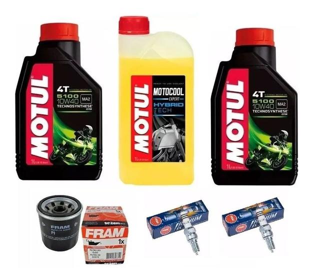 Imagem de Kit Revisão Kawasaki Er6n 2 Litros Oleo Motul 5100 10w40 + 1 Filtro De Oleo Fram Ph6017 + 1 Aditivo Radiador Motocool + Par Velas Iridium