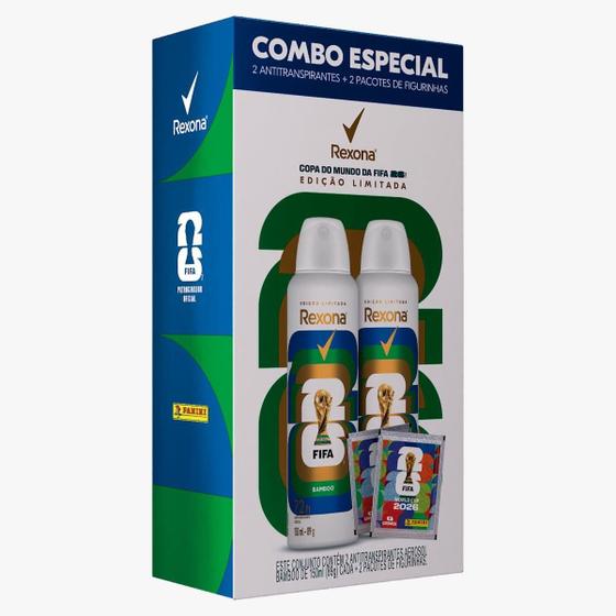 Embalagem fechada do combo especial Rexona Copa do Mundo FIFA 2026 com os dois desodorantes e os pacotes de figurinhas visíveis