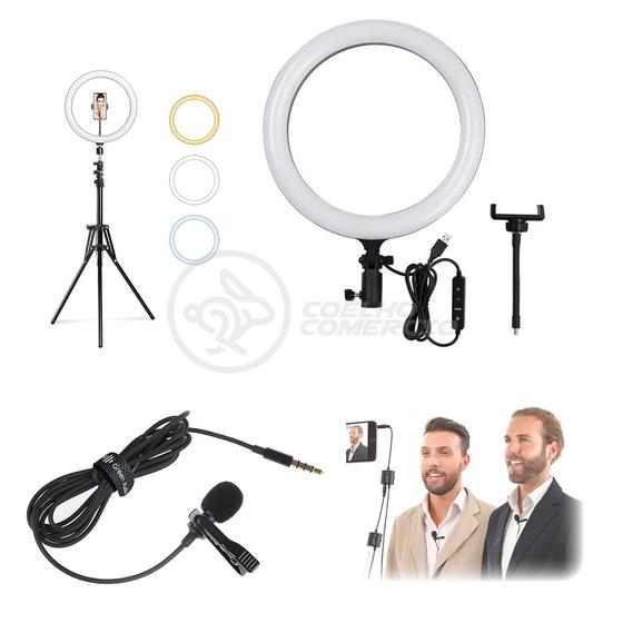 Imagem de Kit Ring Light 12 Polegadas com Tripé de 1,5m Incluso + Microfone Lapela Portátil P2