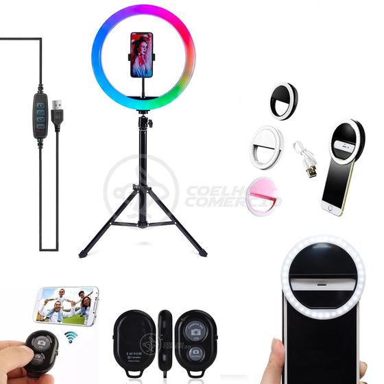 Imagem de Kit Ring Light RGB + Tripé 1,5m + Mini Ring Light + Disparador Remoto de Fotos + Suporte de Celular