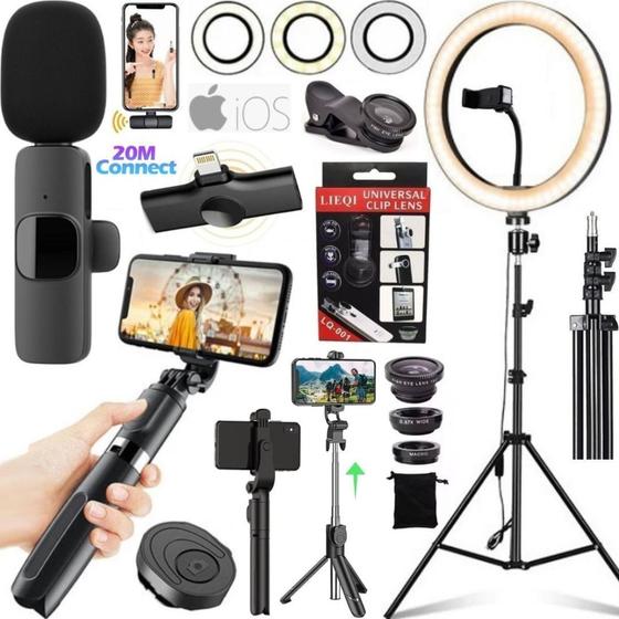 Imagem de Kit Ring Light Tripé Suporte Bastão Celular Microfone Sem Fio para Iphone Filmagem Gravação Vídeo