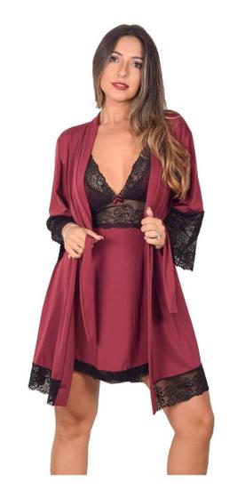 Imagem de Kit Robe Roupão de Banho + Camisola Com Renda Lingerie Luxo Conforto