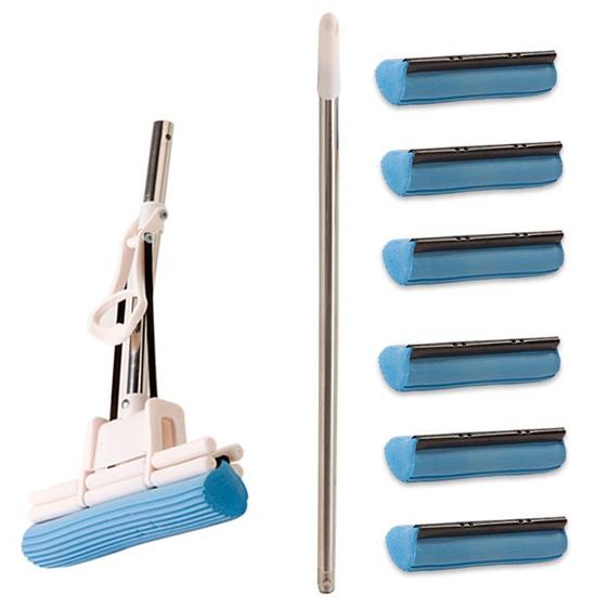Imagem de Kit Rodo Mágico Mop Duplo Rolete Com 6 Refil Espuma Limpa Seca De Limpeza