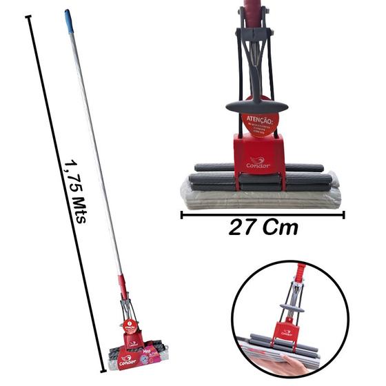 Imagem de Kit Rodo Mop Duplo Rolete Esfregão Espuma PVA Condor Com Cabo Alumínio 1,75 Mts