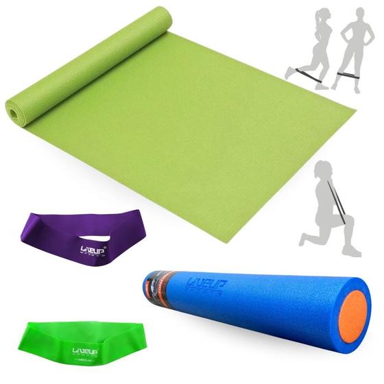 Imagem de Kit Rolo 90cm para Exercicios + Colchonete Verde + 2 Mini Band Elastico Tensao Media + Super Forte  Liveup Sports 