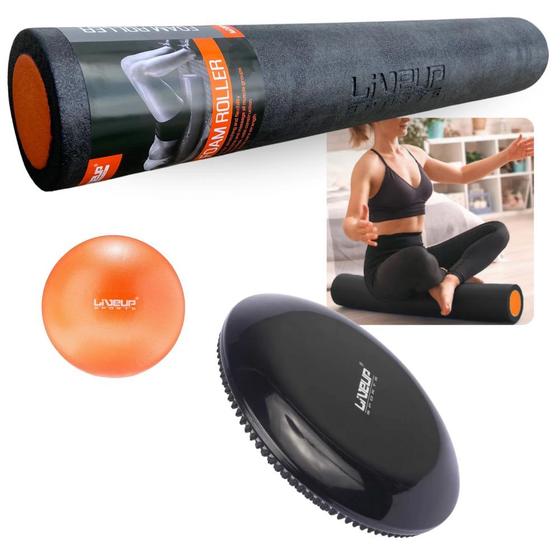 Imagem de Kit Rolo de Pilates 90x15cm + Disco de Equilibrio Preto + Overball  Liveup Sports 