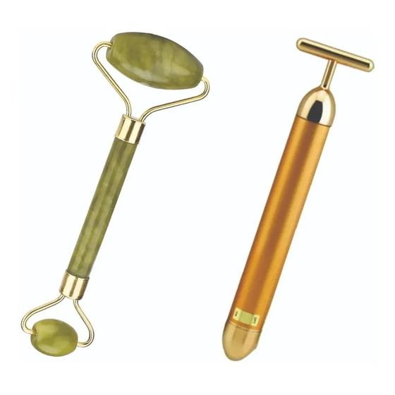 Imagem de Kit Rolo Facial Pedra de Jade ROLO VERDE  + Massageador  T Gold 24k Vibrata Anti Rugas Idade firma a pele e rejuvenesce