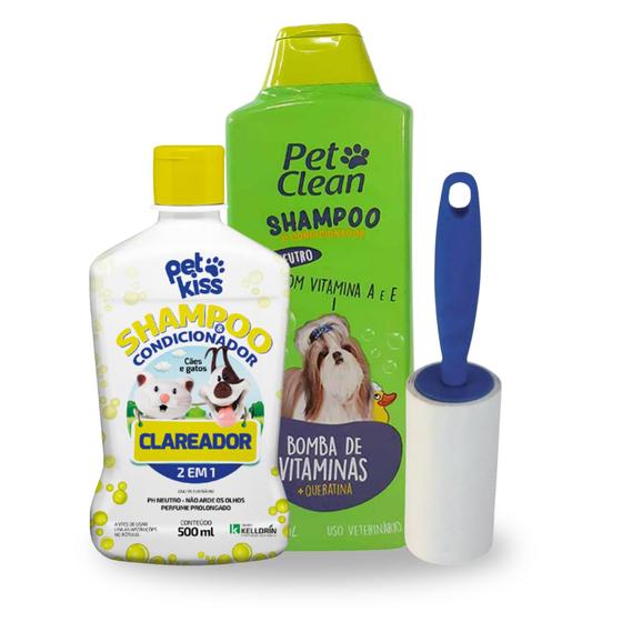 Imagem de Kit Rolo Tira Pelos Adesivo + Shampoo Pet Vitaminas 700ml + Shampoo Pet Clareador 500ml