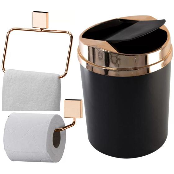 Kit Rosé Gold Banheiro Porta Papel Higiênico Lixeira e Toalheiro Menor preço em Kit Rosé Gold Banheiro Porta Papel Higiênico Lixeira e Toalheiro