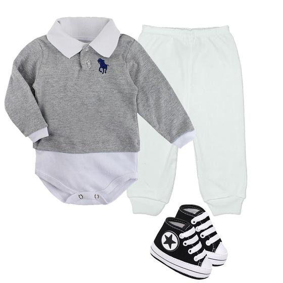 Kit Roupa de Bebê 3 Pçs Body Gola Polo Com Mijão e Sapatinho Menor preço em Kit Roupa de Bebê 3 Pçs Body Gola Polo Com Mijão e Sapatinho