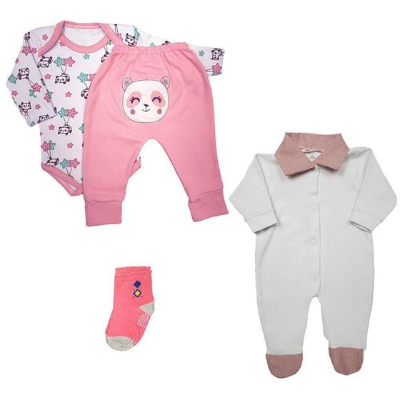 Imagem de Kit Roupa de Bebê 4 Pçs Conjunto Body e Mijão e Macacão Gola