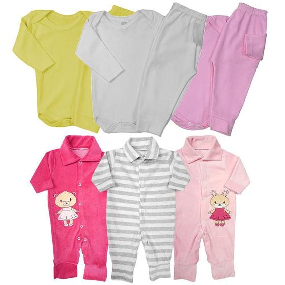 Imagem de Kit Roupa de Bebê 9 Pçs Macacão Plush e Conjuntos Body Mijão