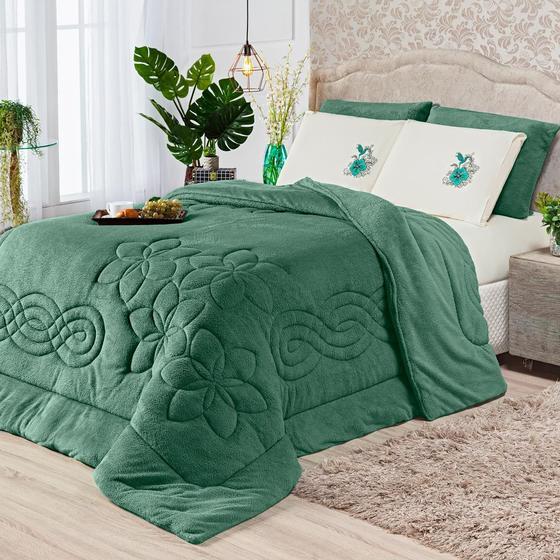 Imagem de Kit Roupa de Cama Edredom Coberdrom Floral Hibisco Verde King 03 Peças - Dupla Face Manta Microfibra