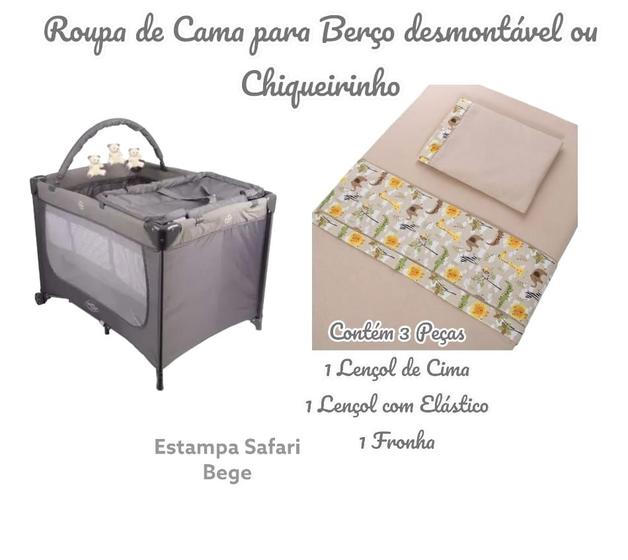 Imagem de Kit Roupa de Cama para Berço Desmontável Portátil Chiqueirinho 3 Peças Coleção Selva Tecido Algodão