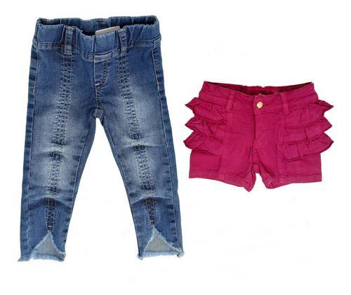 Imagem de Kit roupa infantil 2 peças - Short Algodão e Calça Jeans Infantil  G 9  -12 meses