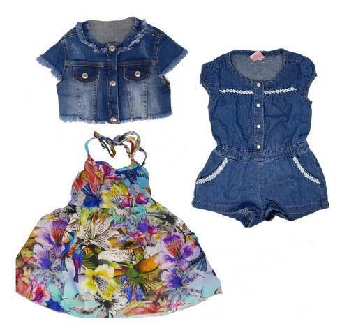 Imagem de Kit roupa infantil 3 peças - Vestido viscose, casaquinho Jeans e macacão Jeans