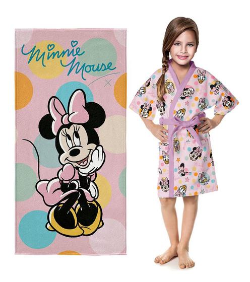 Imagem de Kit Roupão Aveludado Infantil Quimono Estampado Minnie Rosa + Toalha Aveludada Estampada Minnie 70cm X 1,40m