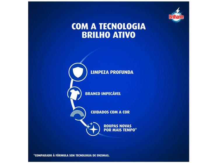 Infográfico azul apresentando a tecnologia Brilho Ativo com ícones de limpeza profunda, branco impecável e cuidado com a cor