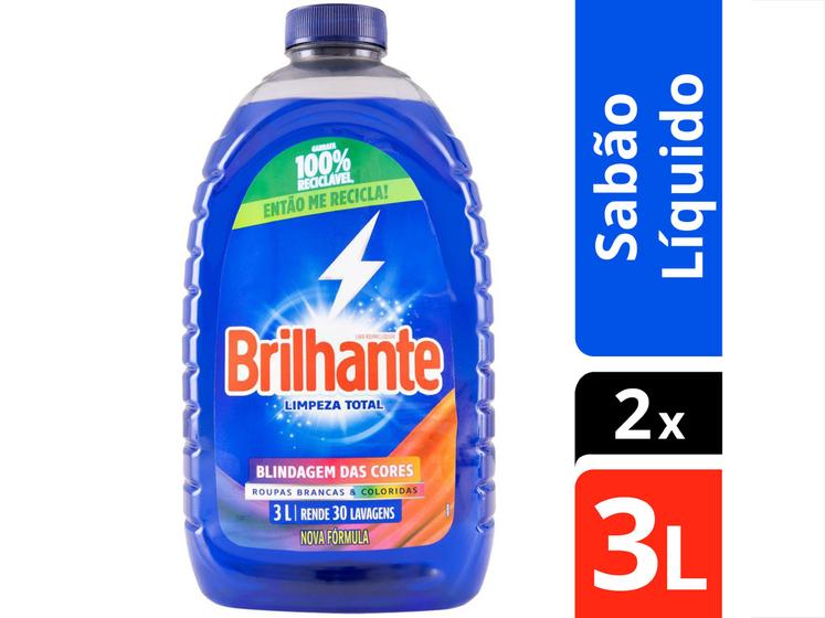 Uma embalagem de 3 litros de sabão líquido Brilhante Limpeza Total com selo de sabão líquido e indicação de kit 2x 3L
