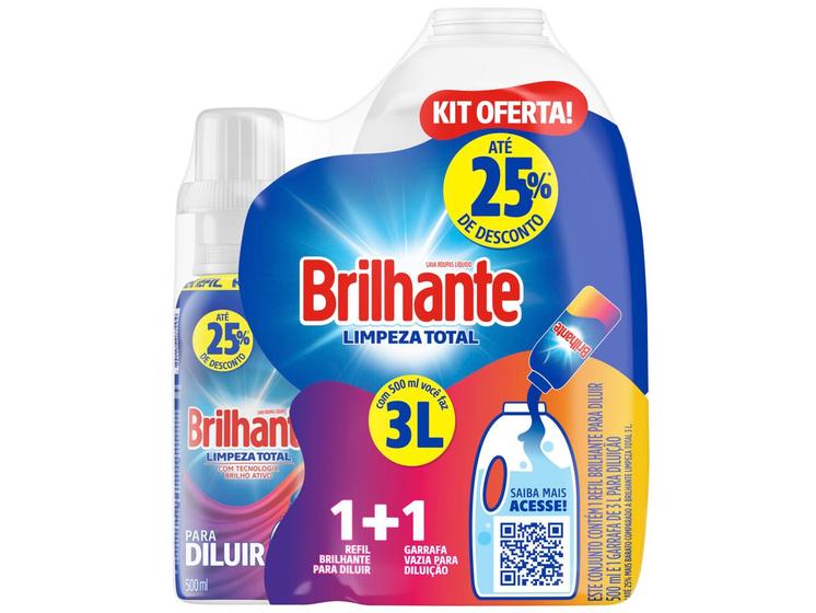 Imagem de Kit Sabão Líquido Concentrado com Garrafa - Brilhante Limpeza Total 500ml