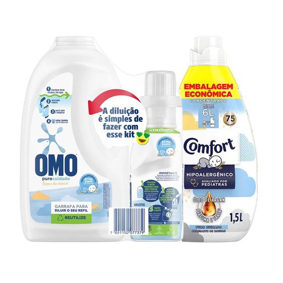 Imagem de Kit Sabão Líquido Omo Puro Cuidado p/ Diluir 500ml + Amaciante Concentrado Comfort Puro Cuidado 1.5L