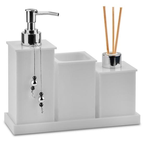 Kit Saboneteira / Kit Lavabo / Jogo Banheiro C/ Saboneteira Difusor Pote e Bandeja Acrílico Branco Menor preço em Kit Saboneteira / Kit Lavabo / Jogo Banheiro C/ Saboneteira Difusor Pote e Bandeja Acrílico Branco