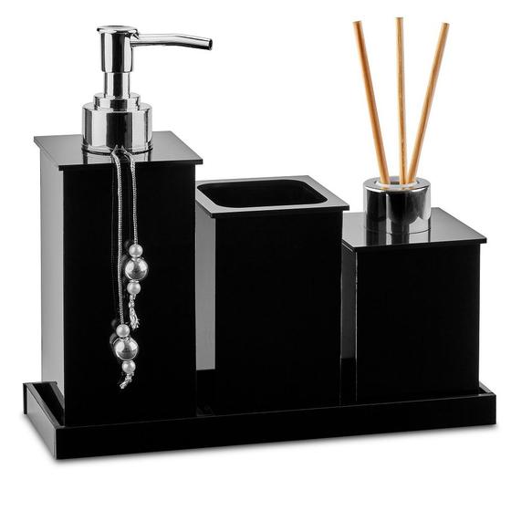 Kit Saboneteira / Kit Lavabo / Jogo Banheiro C/ Saboneteira Difusor Pote e Bandeja Acrílico Preto Menor preço em Kit Saboneteira / Kit Lavabo / Jogo Banheiro C/ Saboneteira Difusor Pote e Bandeja Acrílico Preto