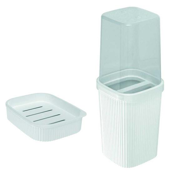 Imagem de Kit saboneteira para banheiro porta escova de dente creme dental pia bancada lavabo plástico branco