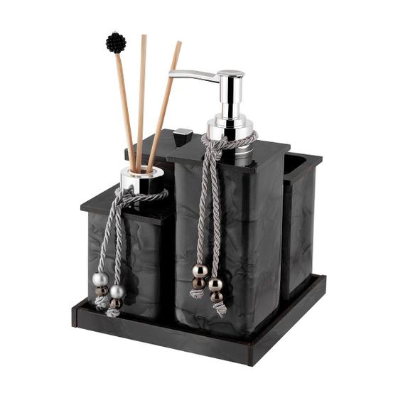 Kit Saboneteira Para Lavabo Banheiro Acrílico Preto Mármore Com 05 Itens Menor preço em Kit Saboneteira Para Lavabo Banheiro Acrílico Preto Mármore Com 05 Itens