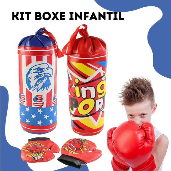 Imagem de Kit Saco Boxe Infantil Mini Saco de Pancada + Par Luvas Esporte Atividade Física Presente Menino